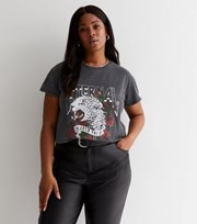 New Look Curves Dark Grey Acid Wash Eternal Leopard Logo Oversized T-Shirt